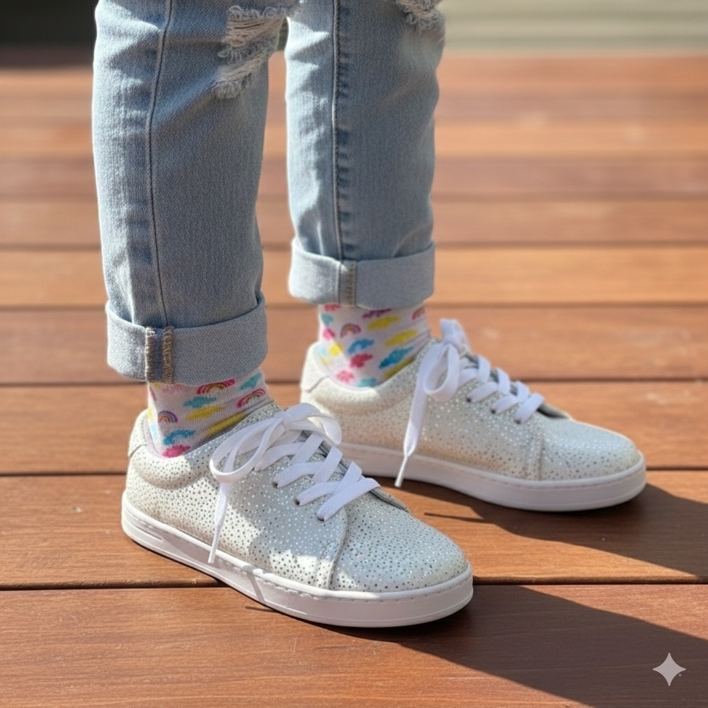 Silver and White Little Girls Sneakers